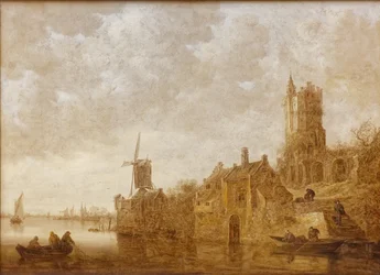 Flusslandschaft mit Mühle und Burgruine